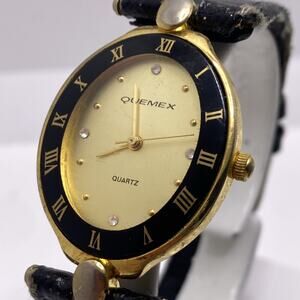 Quemex Womens Gold Tone Oval Watch Worn Band Works New Battery